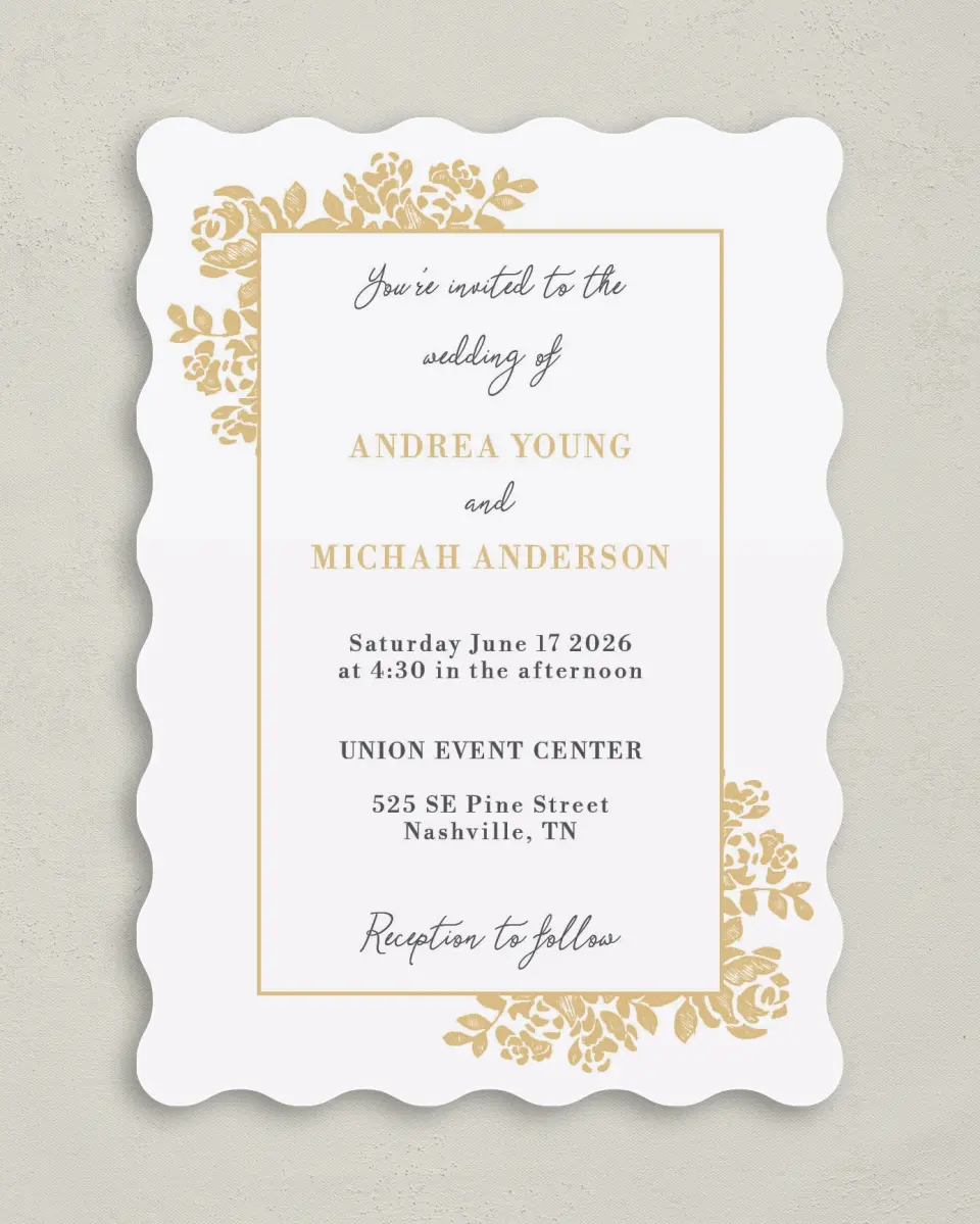 This is a 5" x 7" Wavy Wedding Invitation called Etched Elegance printed in full color on Premium Smooth paper