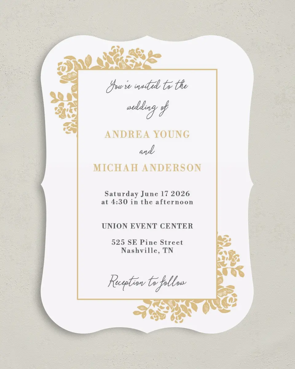 This is a 5" x 7" Bracket Wedding Invitation called Etched Elegance printed in full color with Silver foil on Luxe Satin (coated) paper