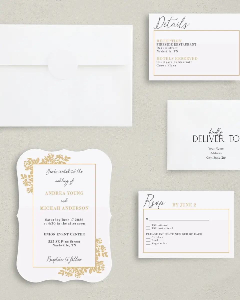 This is a 5" x 7" Bracket Wedding Invitation called Etched Elegance printed in full color with Silver foil on Luxe Satin (coated) paper