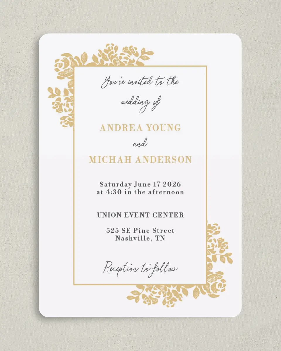 This is a 5" x 7" Rounded Wedding Invitation called Etched Elegance printed in full color on Premium Smooth paper