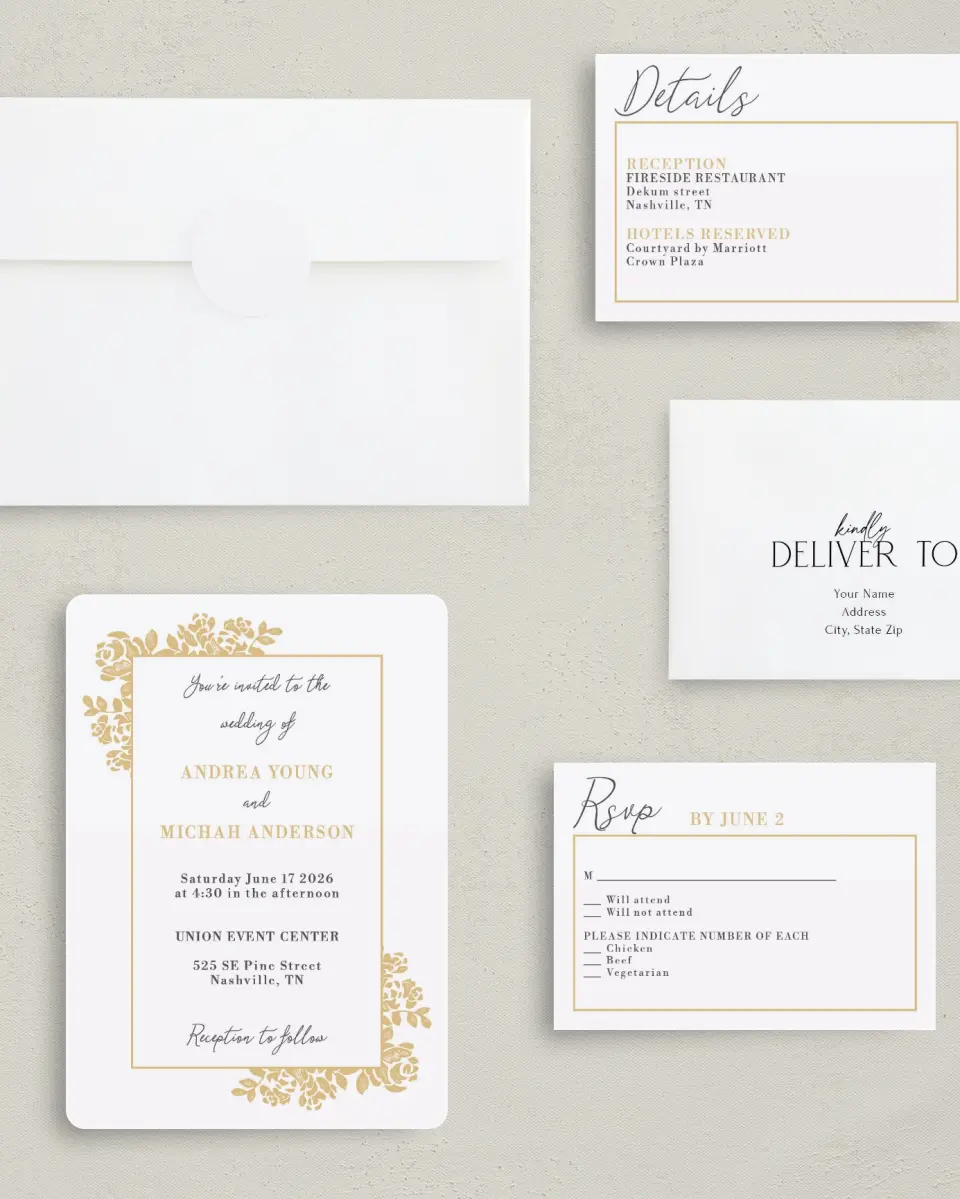 This is a 5" x 7" Rounded Wedding Invitation called Etched Elegance printed in full color with Rose Gold foil on Luxe Satin (coated) paper