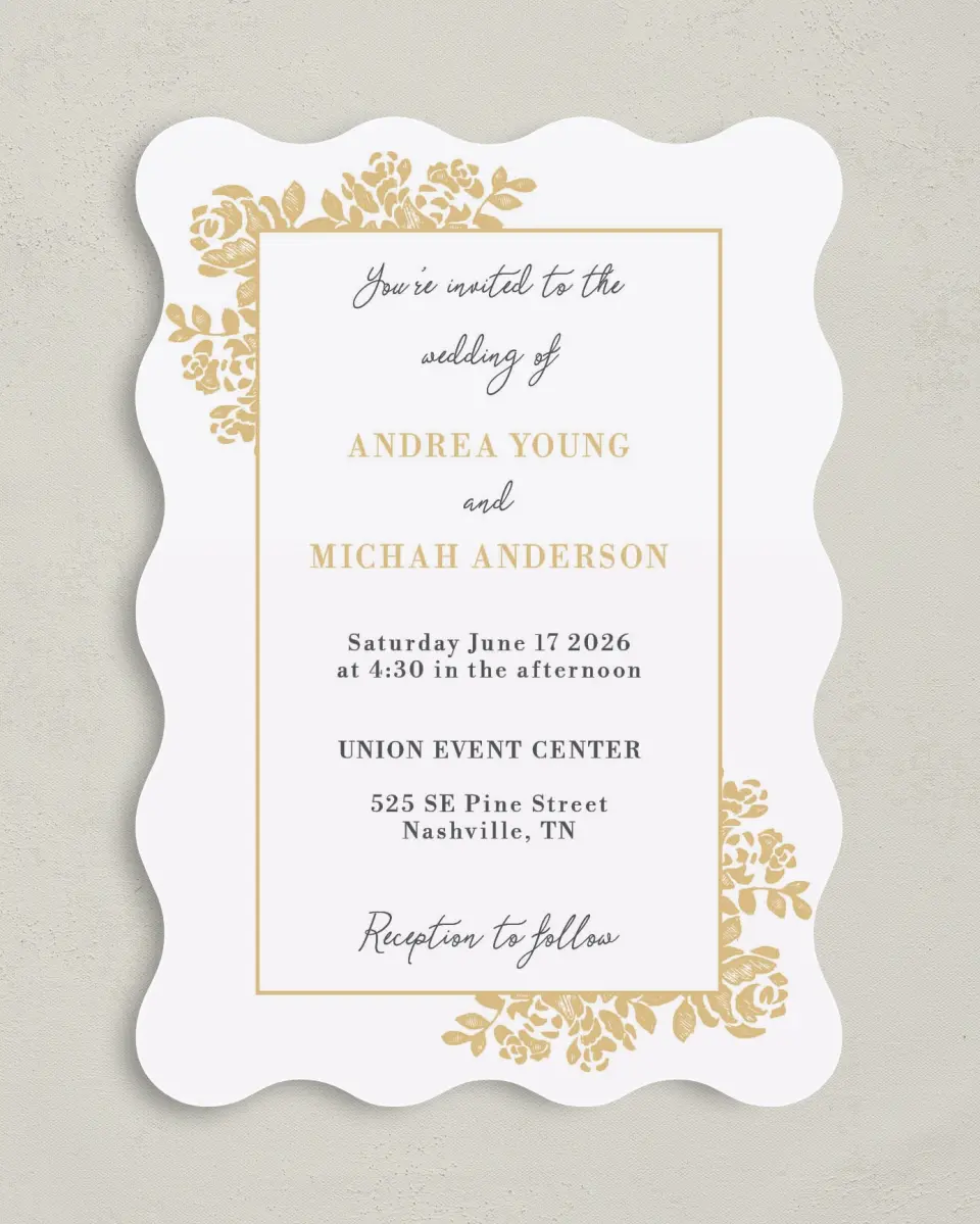 This is a 5" x 7" Wavy Wedding Invitation called Etched Elegance printed in full color on Premium Smooth paper