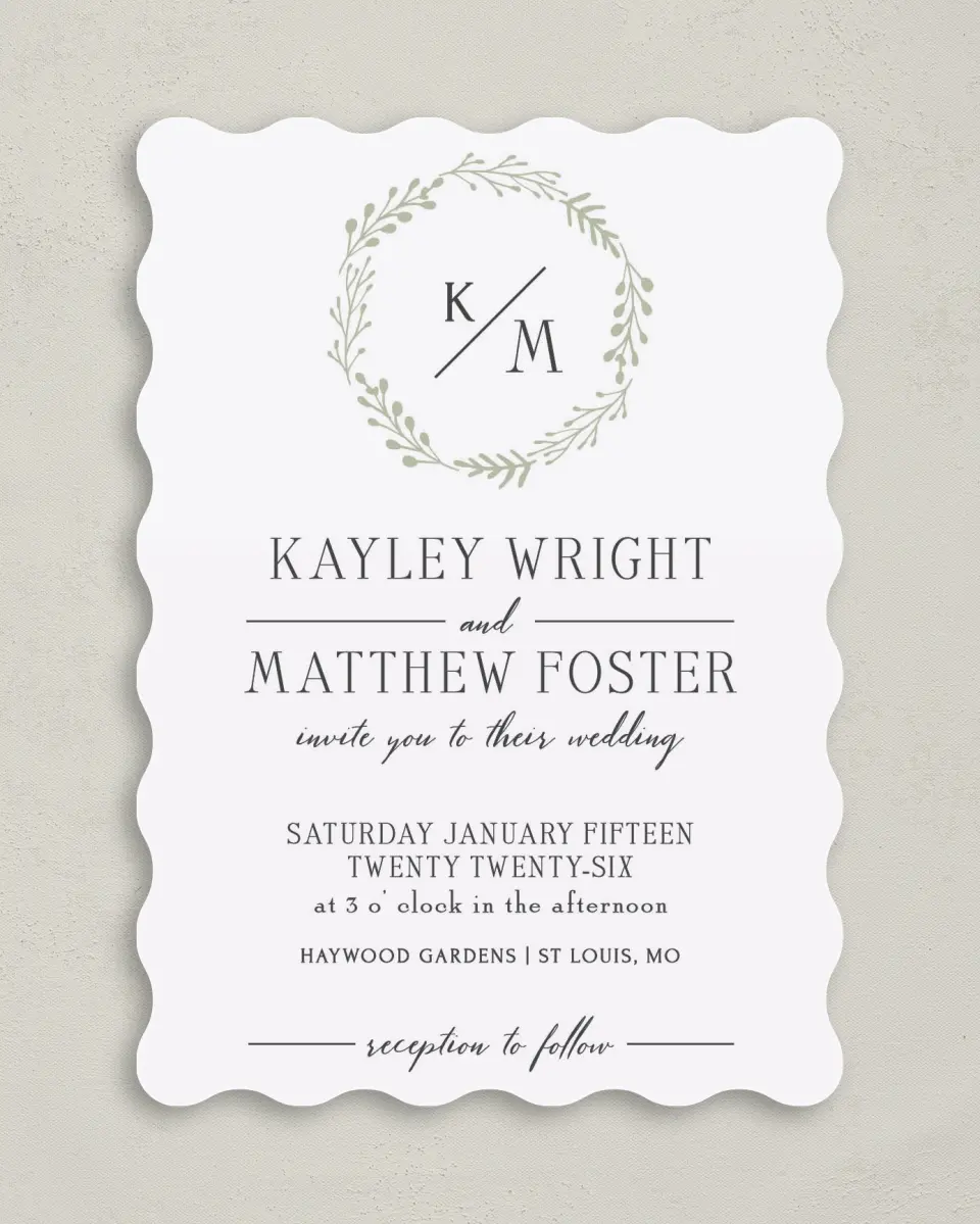 This is a 5" x 7" Wavy Wedding Invitation called Enchanting Crown printed in full color on Premium Smooth paper