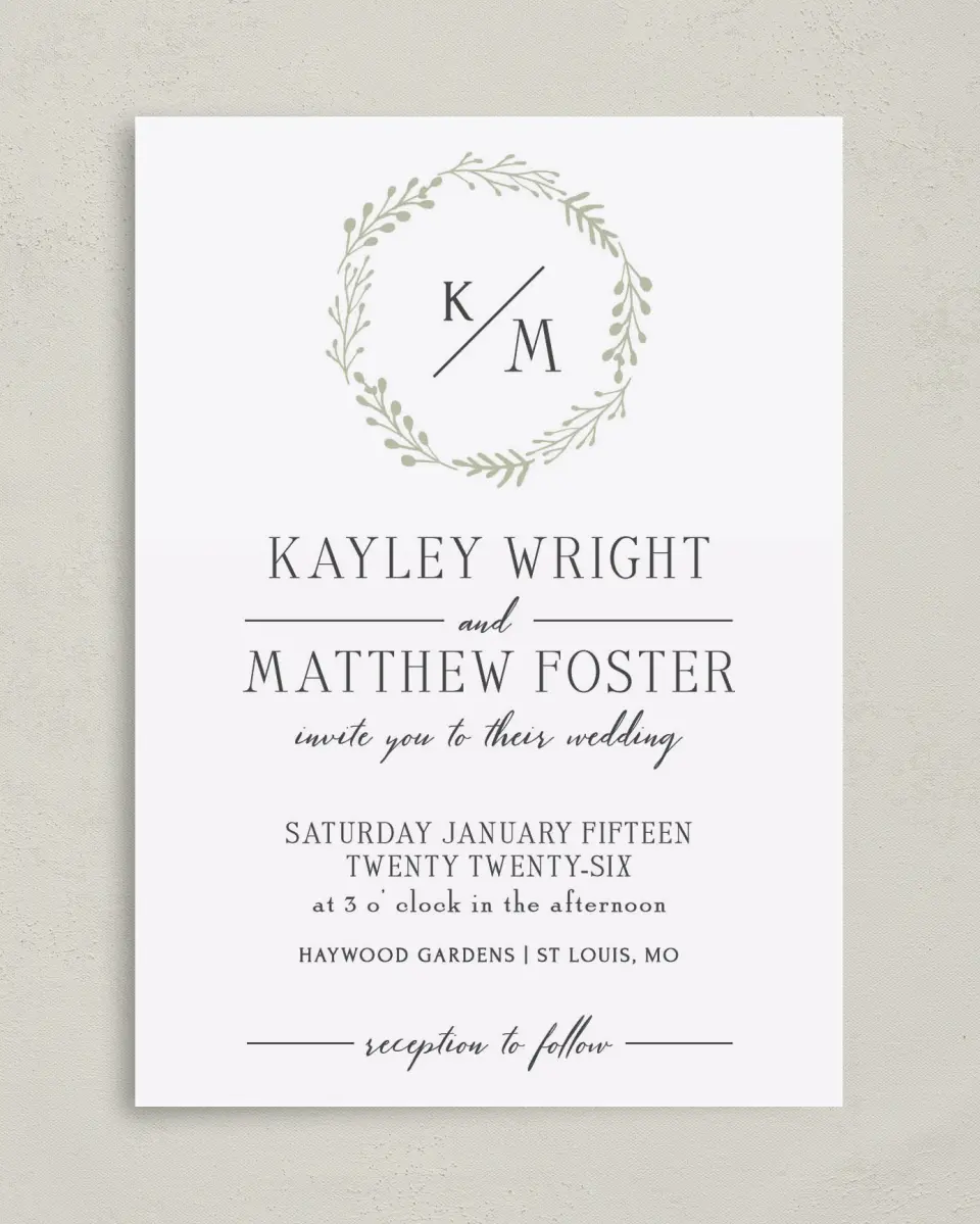 This is a 5" x 7" Classic Wedding Invitation called Enchanting Crown printed in full color with Rose Gold foil on Luxe Satin (coated) paper