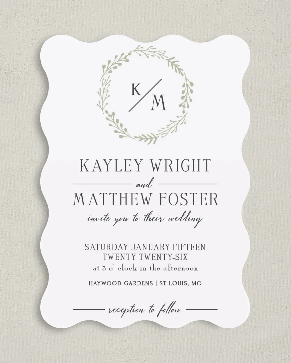This is a 5" x 7" Wavy Wedding Invitation called Enchanting Crown printed in full color on Premium Smooth paper