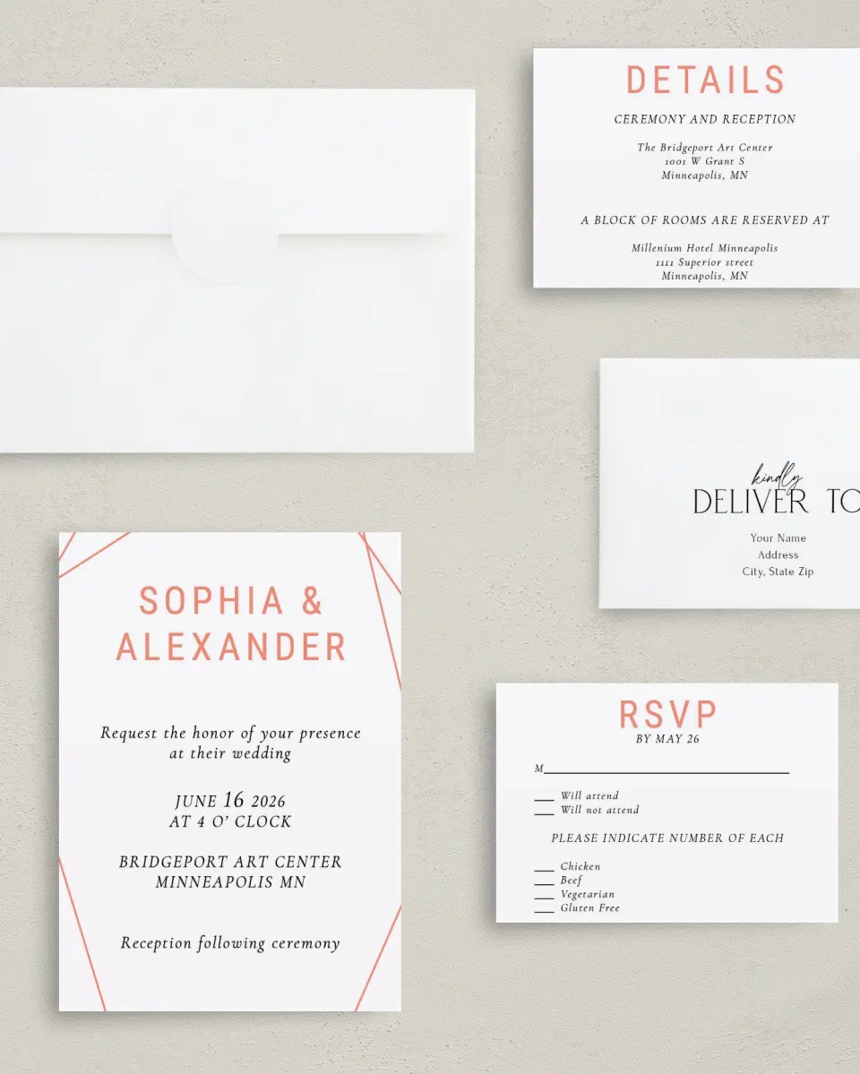 This is a 5" x 7" Classic Wedding Invitation called Starcrossed Love printed in full color with Gold foil on Luxe Satin (coated) paper