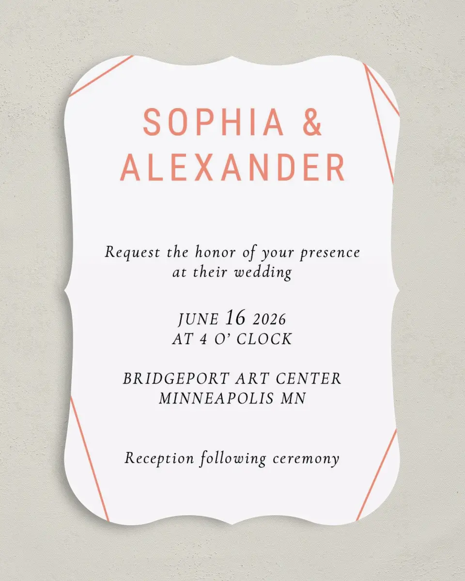 This is a 5" x 7" Bracket Wedding Invitation called Starcrossed Love printed in full color with Silver foil on Luxe Satin (coated) paper