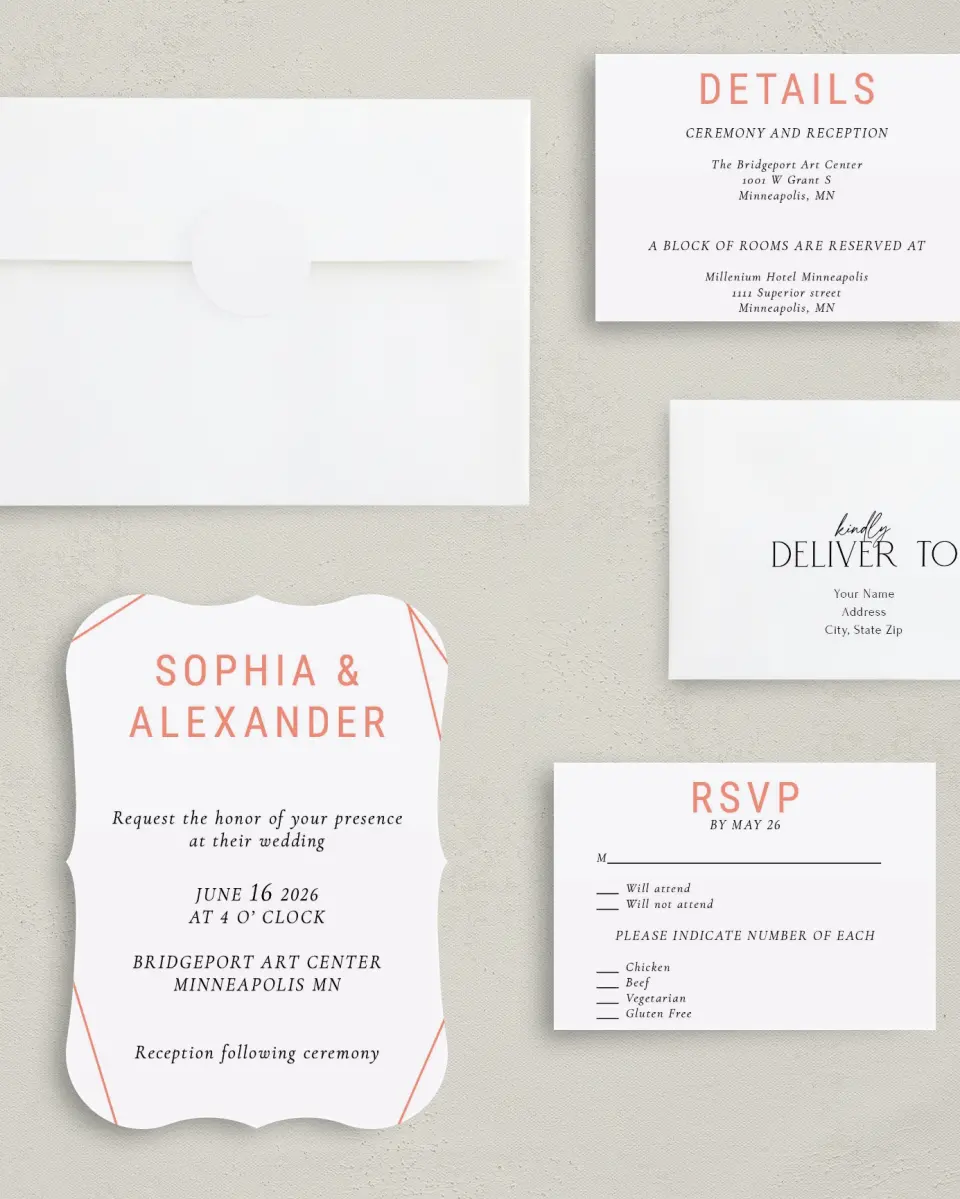 This is a 5" x 7" Bracket Wedding Invitation called Starcrossed Love printed in full color with Silver foil on Luxe Satin (coated) paper