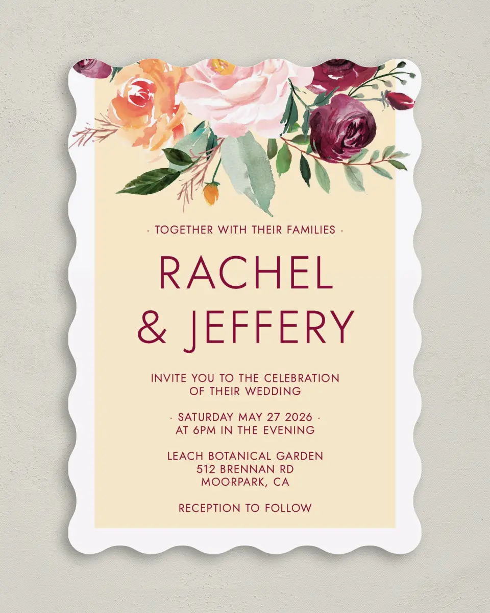 This is a 5" x 7" Wavy Wedding Invitation called Country Florals printed in full color on Premium Smooth paper