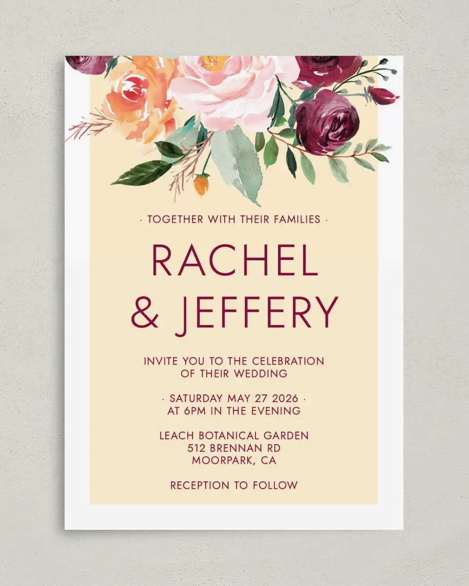 This is a 5" x 7" Classic Wedding Invitation called Country Florals printed in full color on Premium Smooth paper