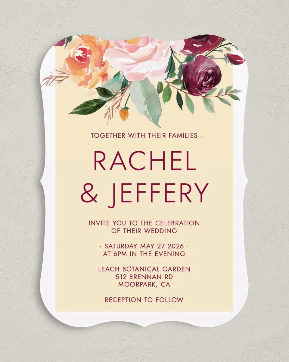 This is a 5" x 7" Bracket Wedding Invitation called Country Florals printed in full color with Silver foil on Luxe Satin (coated) paper