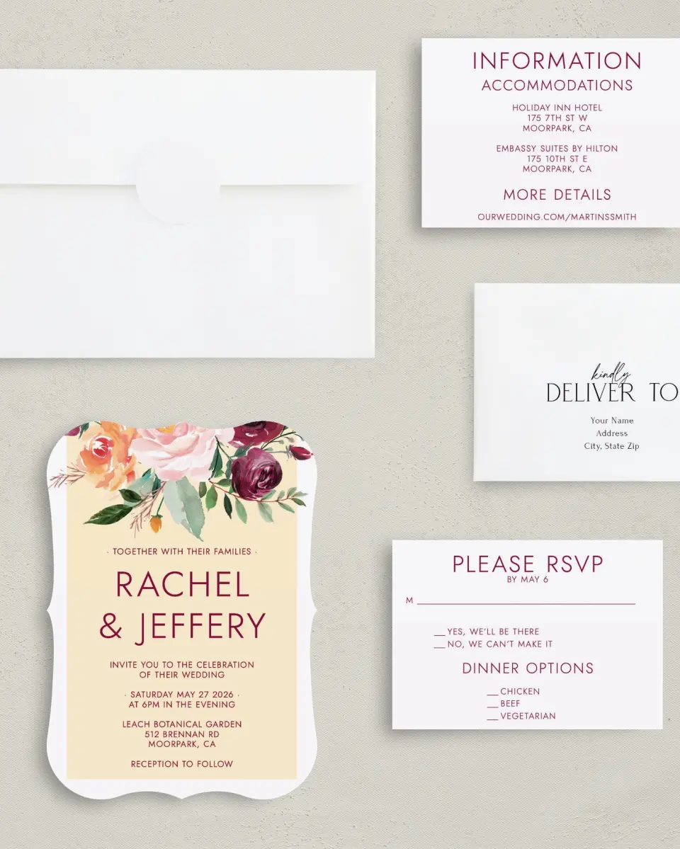 This is a 5" x 7" Bracket Wedding Invitation called Country Florals printed in full color with Silver foil on Luxe Satin (coated) paper