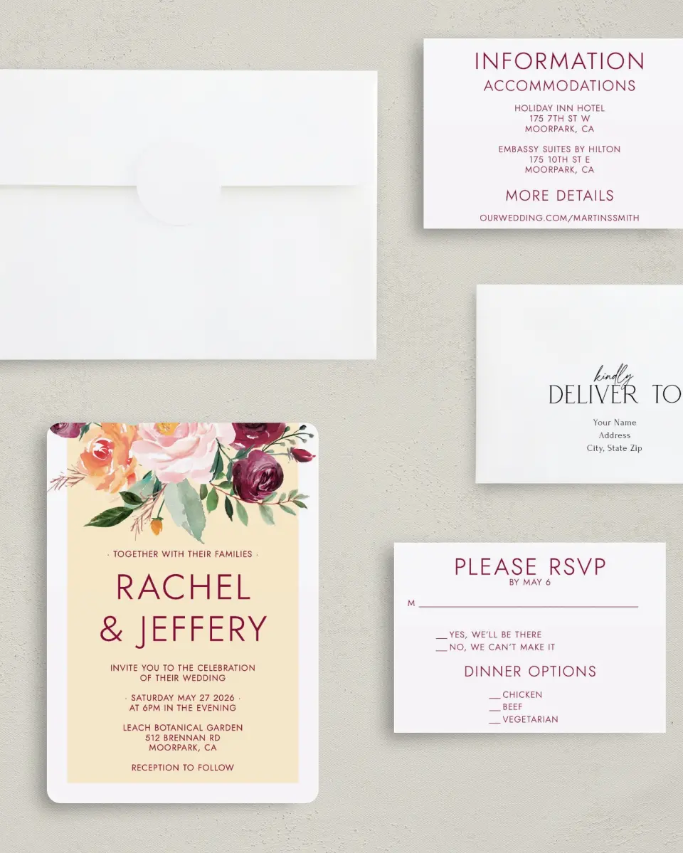 This is a 5" x 7" Rounded Wedding Invitation called Country Florals printed in full color with Gold foil on Luxe Satin (coated) paper
