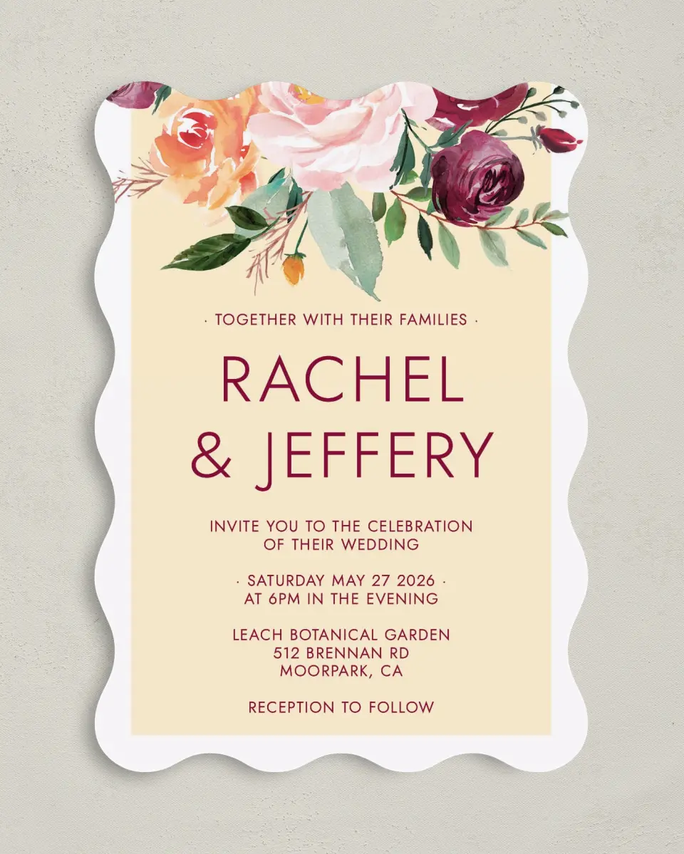 This is a 5" x 7" Wavy Wedding Invitation called Country Florals printed in full color on Premium Smooth paper