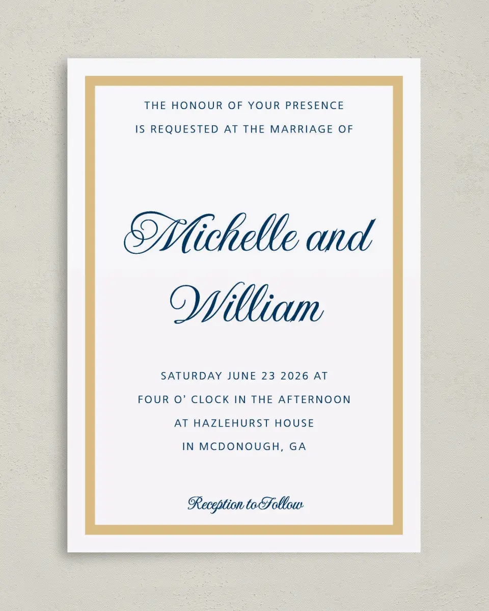This is a 5" x 7" Classic Wedding Invitation called Gilded Opulence printed in full color with Gold foil on Luxe Satin (coated) paper