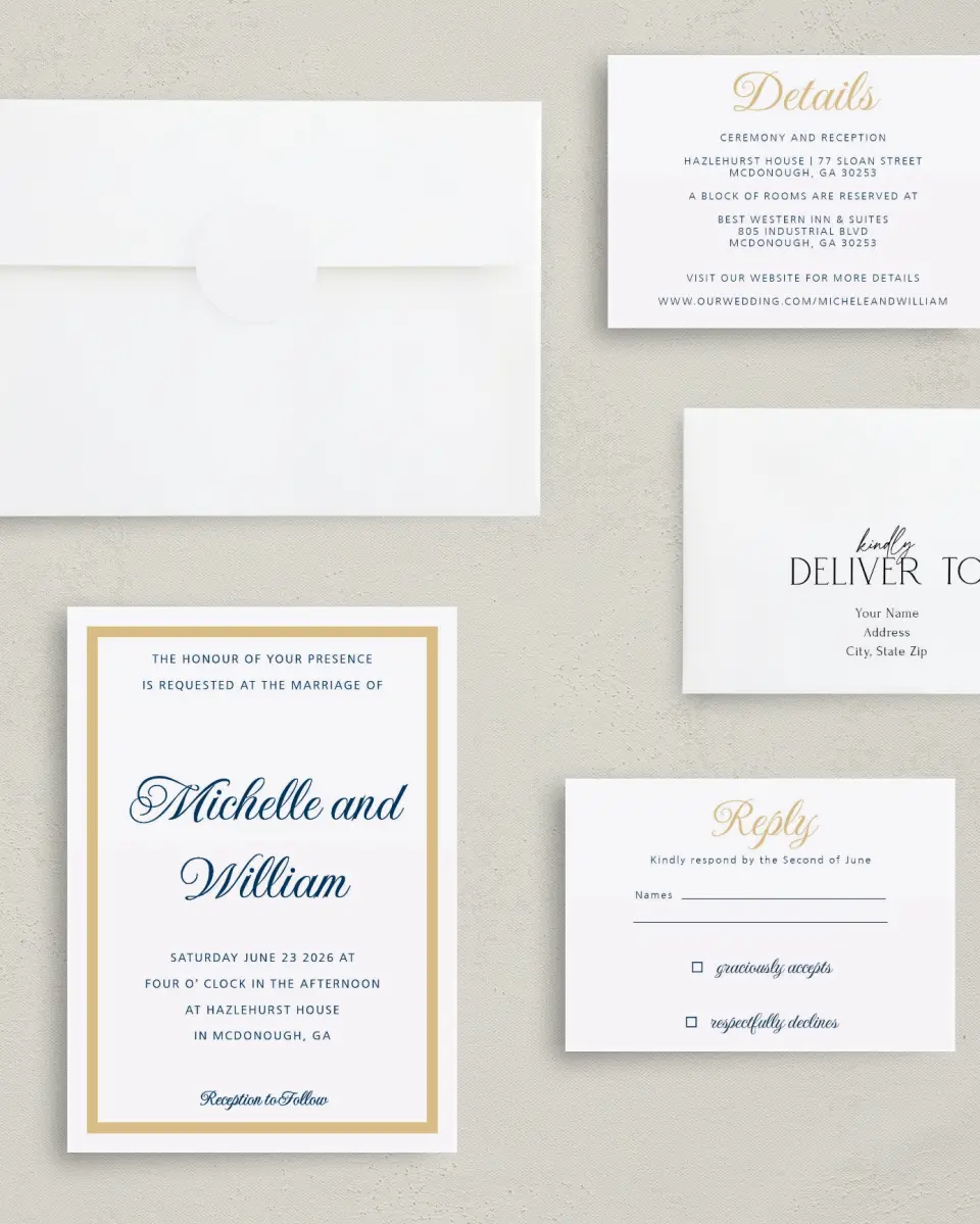 This is a 5" x 7" Classic Wedding Invitation called Gilded Opulence printed in full color with Gold foil on Luxe Satin (coated) paper