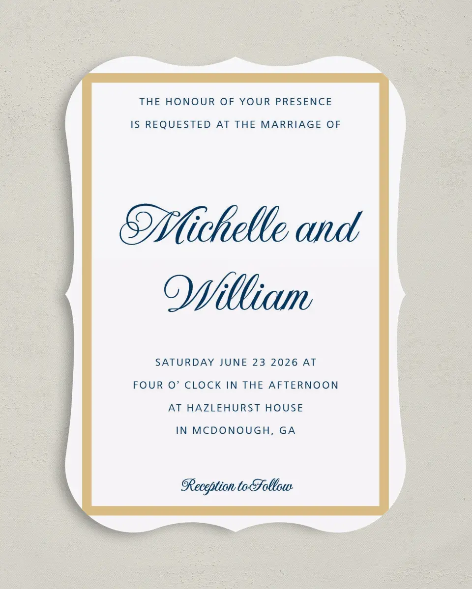 This is a 5" x 7" Bracket Wedding Invitation called Gilded Opulence printed in full color with Silver foil on Luxe Satin (coated) paper