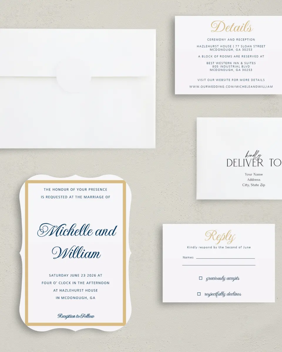 This is a 5" x 7" Bracket Wedding Invitation called Gilded Opulence printed in full color with Silver foil on Luxe Satin (coated) paper