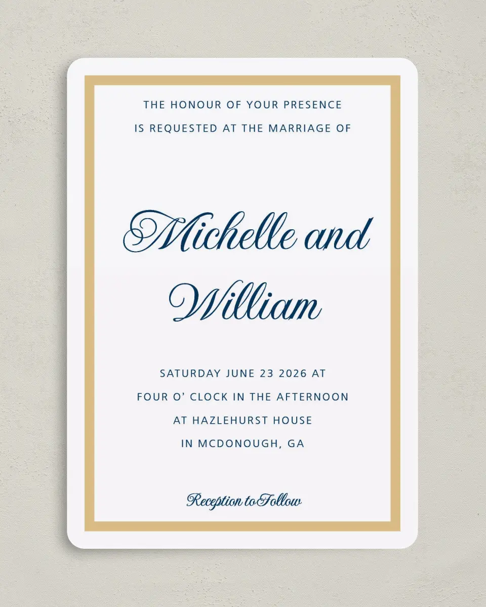 This is a 5" x 7" Rounded Wedding Invitation called Gilded Opulence printed in full color on Premium Smooth paper