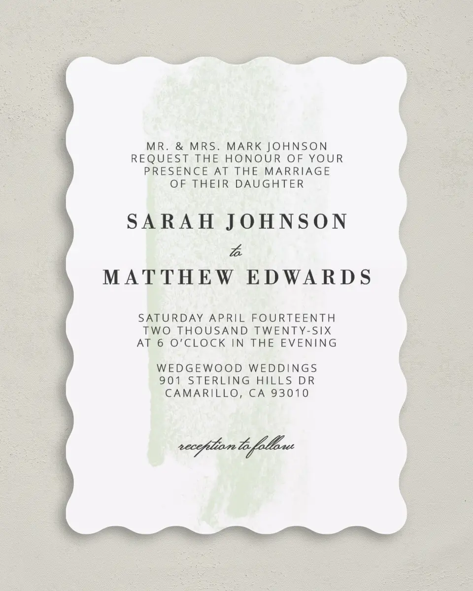 This is a 5" x 7" Wavy Wedding Invitation called Tranquil Twinkle printed in full color on Premium Smooth paper
