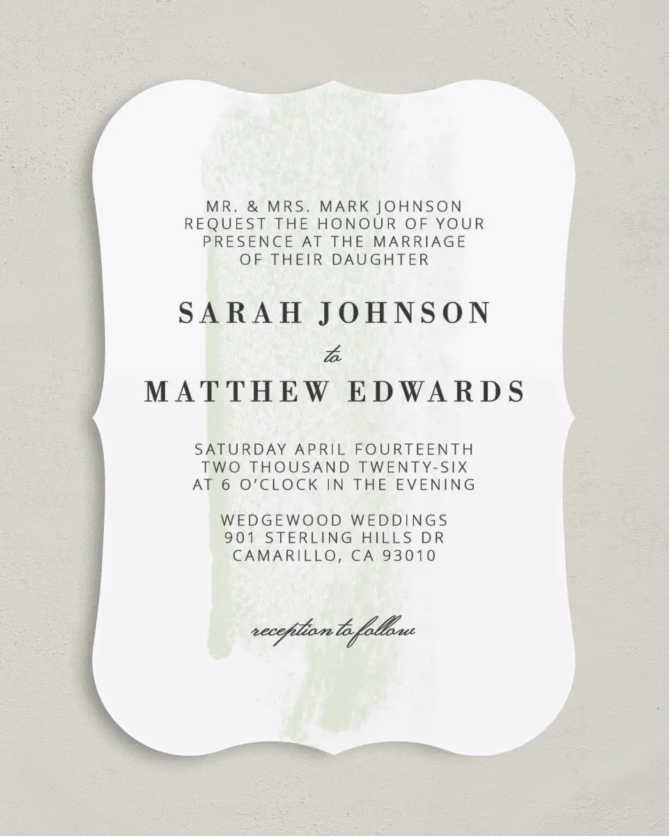 This is a 5" x 7" Bracket Wedding Invitation called Tranquil Twinkle printed in full color with Silver foil on Luxe Satin (coated) paper