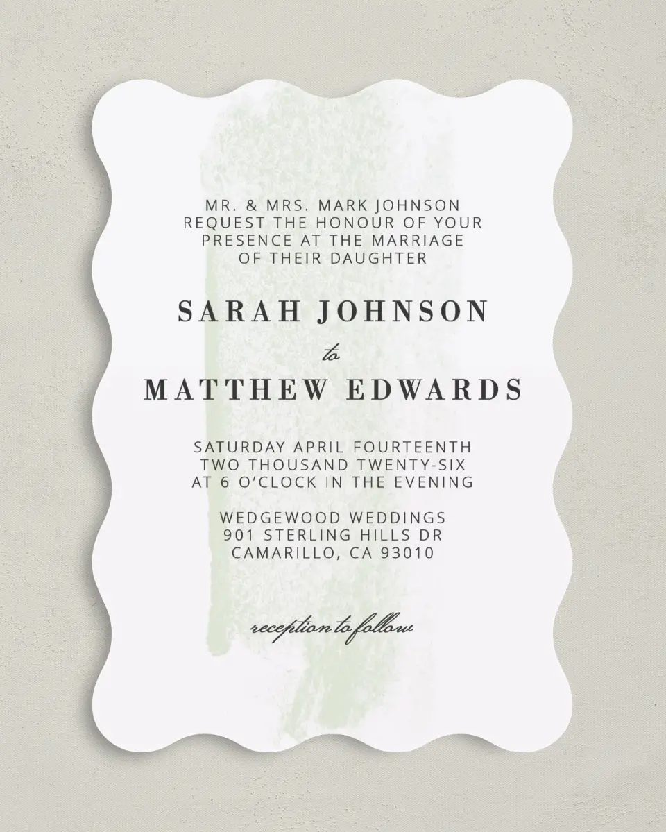 This is a 5" x 7" Wavy Wedding Invitation called Tranquil Twinkle printed in full color on Premium Smooth paper
