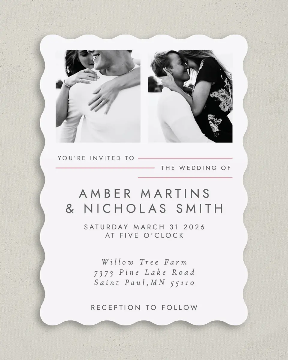 This is a 5" x 7" Wavy Wedding Invitation called Glowing Tracks printed in full color on Premium Smooth paper
