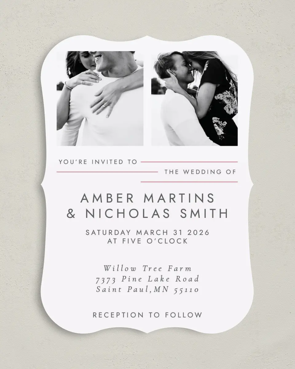 This is a 5" x 7" Bracket Wedding Invitation called Glowing Tracks printed in full color on Premium Smooth paper