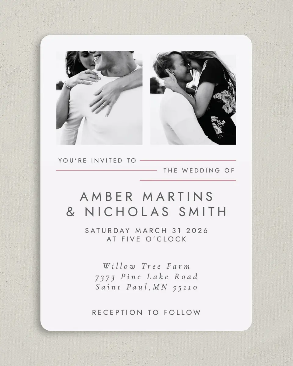 This is a 5" x 7" Rounded Wedding Invitation called Glowing Tracks printed in full color on Premium Smooth paper
