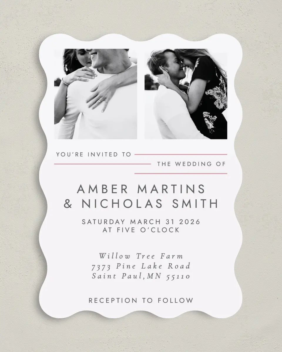 This is a 5" x 7" Wavy Wedding Invitation called Glowing Tracks printed in full color on Premium Smooth paper