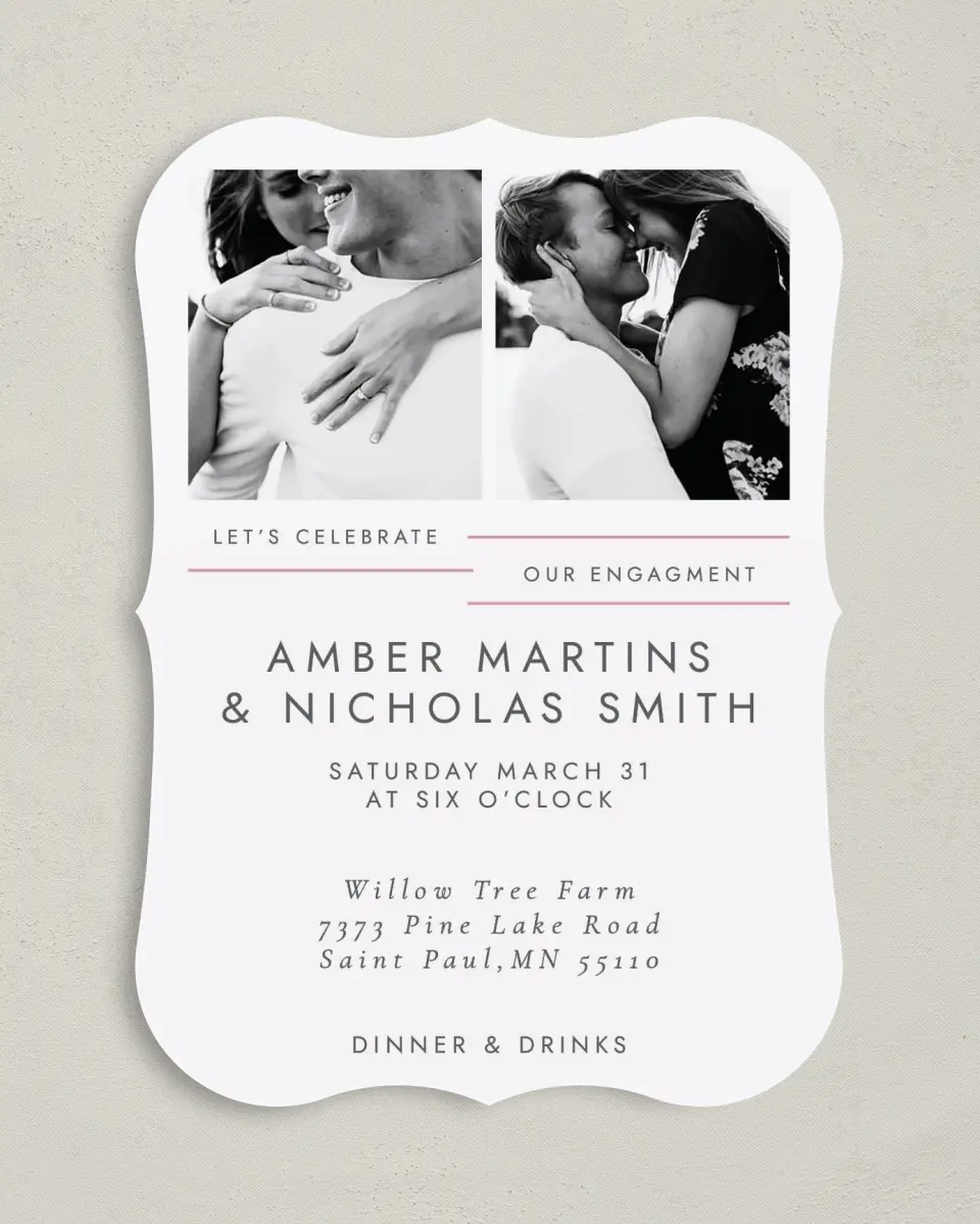 This is a 5" x 7" Engagement Party Invitation called Glowing Tracks printed in full color with Rose Gold foil on Luxe Satin (coated) paper