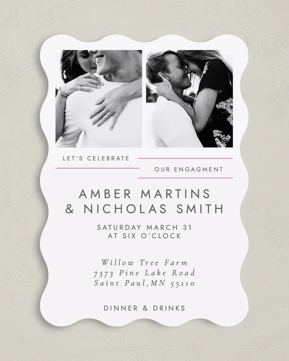 This is a 5" x 7" Wavy Wedding Invitation called Glowing Tracks printed in full color on Premium Smooth paper