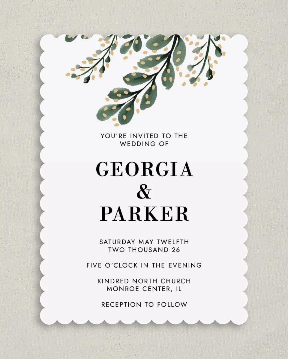 This is a 5" x 7" Classic Wedding Invitation called Gilded Laurels printed in full color on Premium Smooth paper