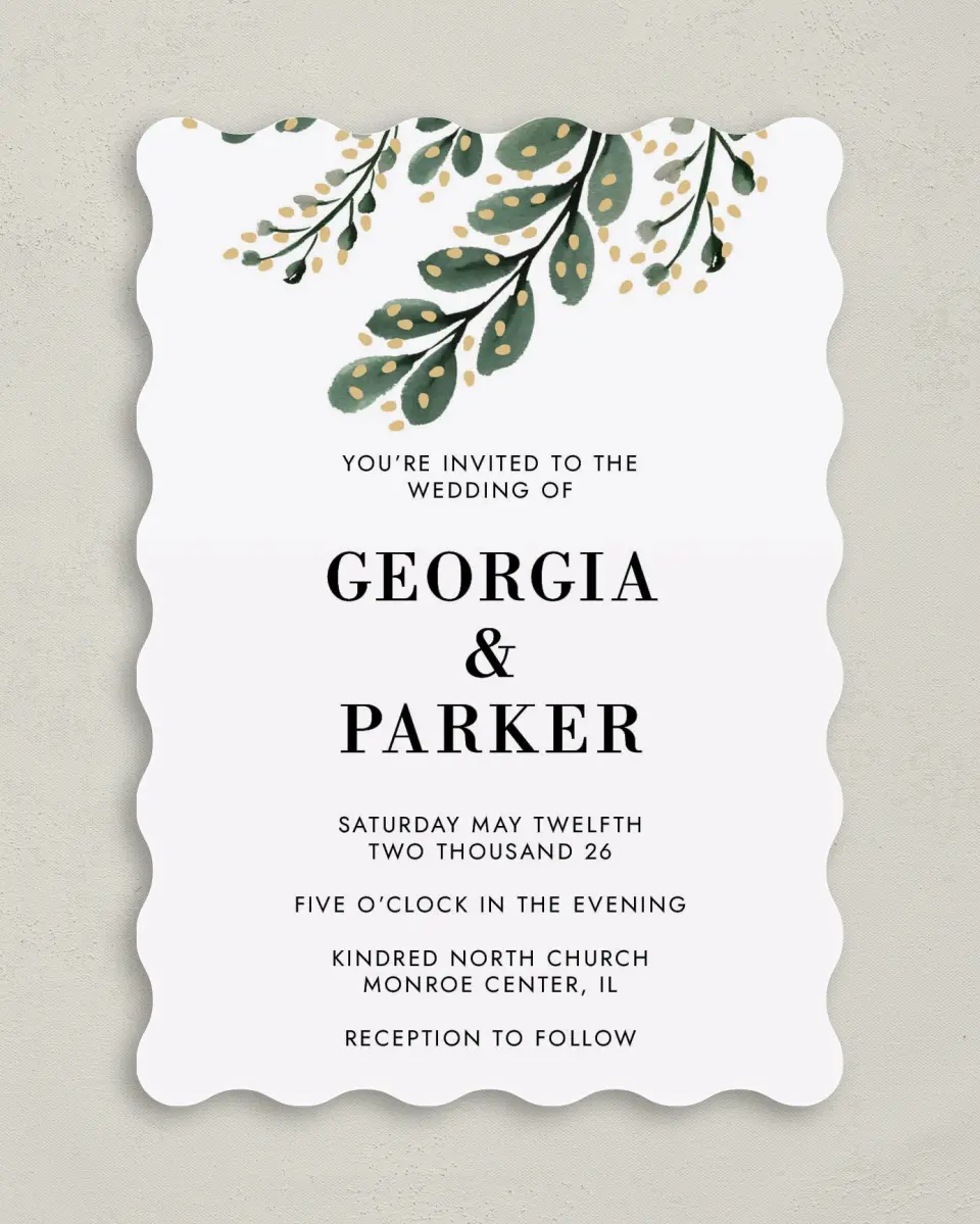 This is a 5" x 7" Wavy Wedding Invitation called Gilded Laurels printed in full color on Premium Smooth paper