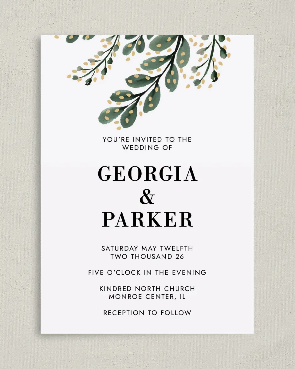 This is a 5" x 7" Classic Wedding Invitation called Gilded Laurels printed in full color on Premium Smooth paper