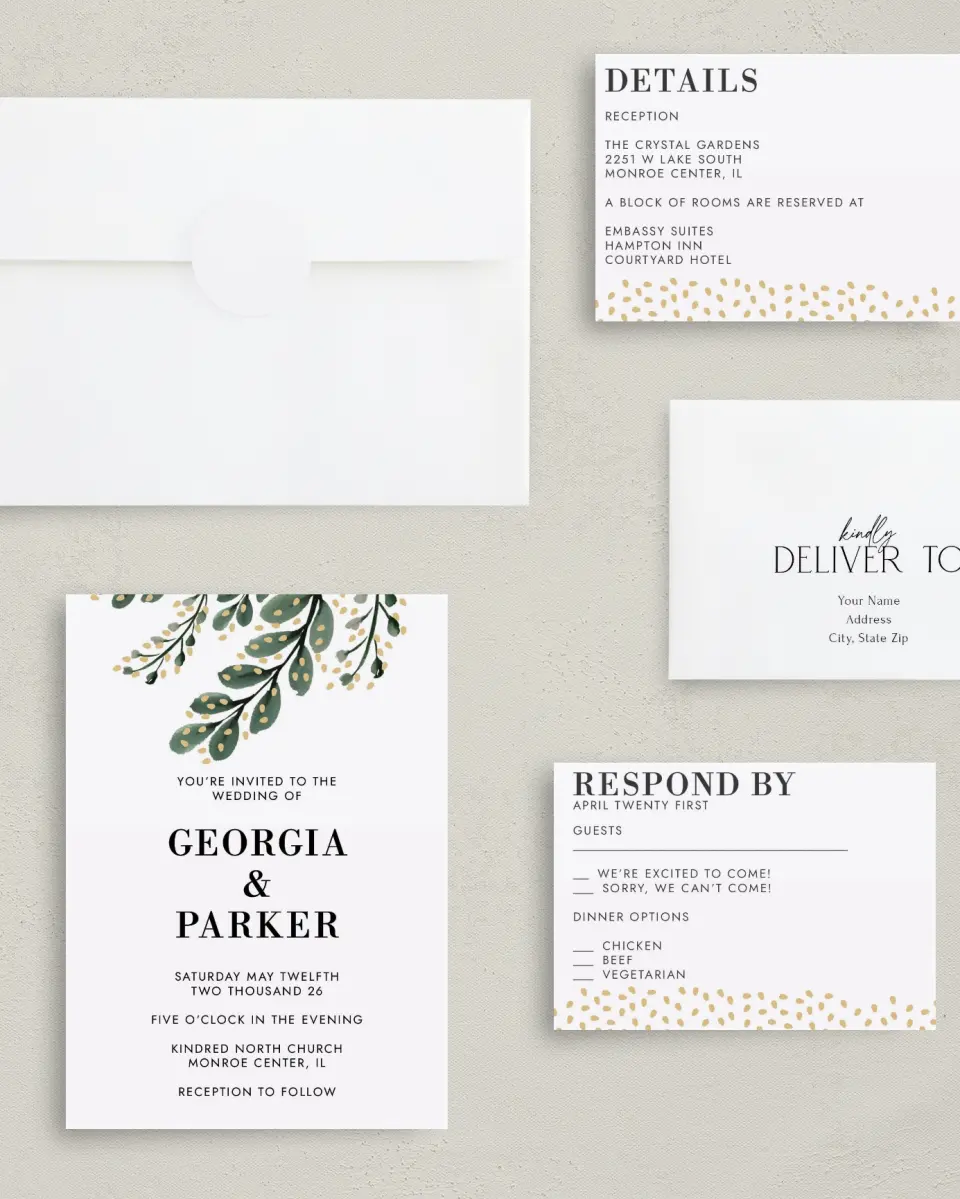 This is a 5" x 7" Classic Wedding Invitation called Gilded Laurels printed in full color with Gold foil on Luxe Satin (coated) paper