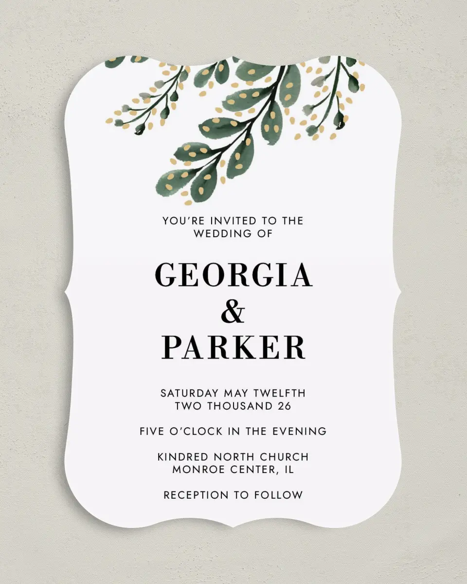 This is a 5" x 7" Bracket Wedding Invitation called Gilded Laurels printed in full color with Silver foil on Luxe Satin (coated) paper