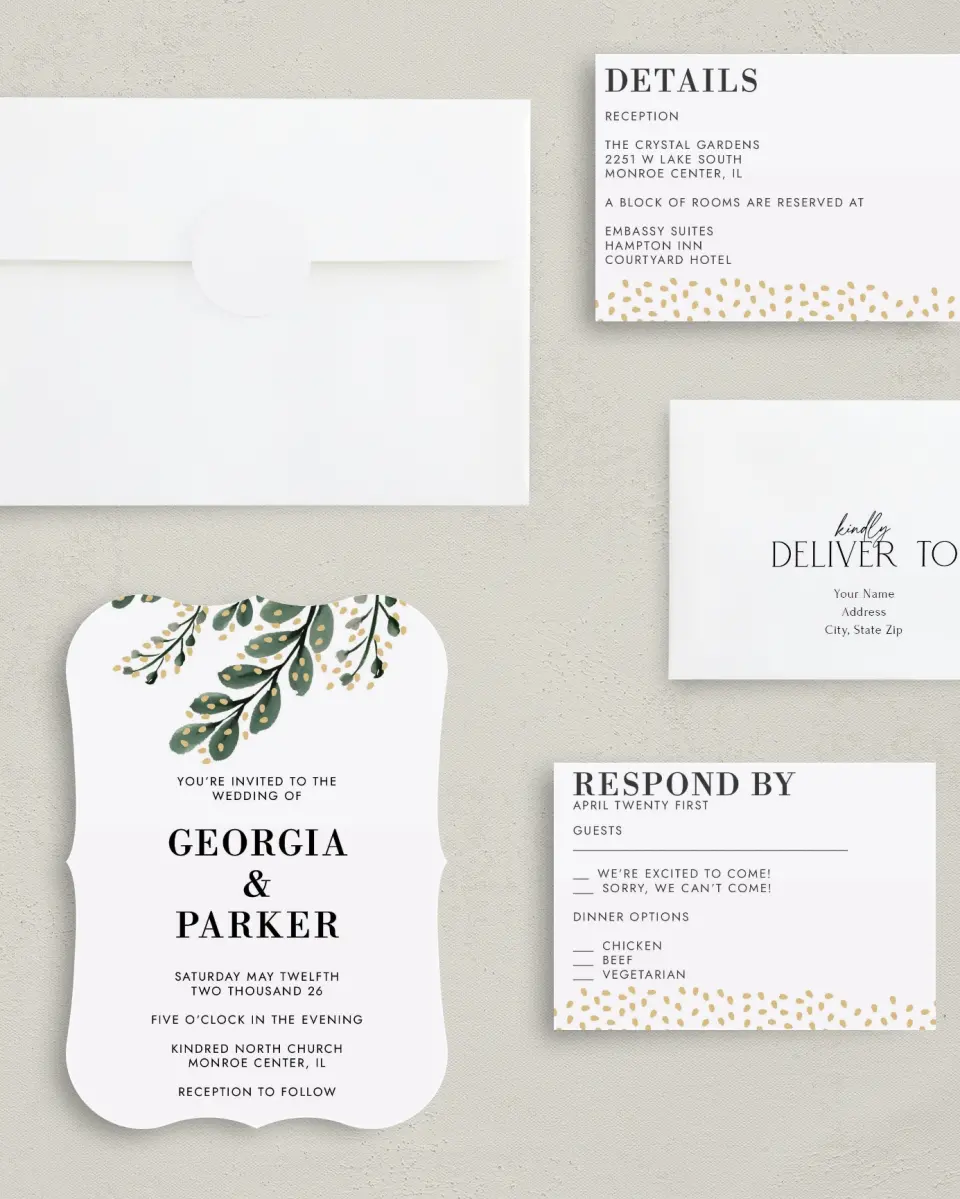 This is a 5" x 7" Bracket Wedding Invitation called Gilded Laurels printed in full color with Silver foil on Luxe Satin (coated) paper