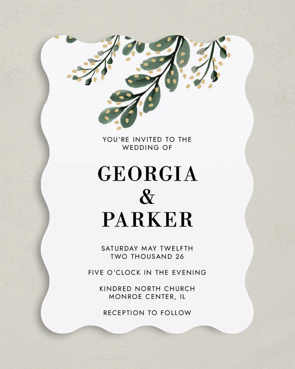 This is a 5" x 7" Wavy Wedding Invitation called Gilded Laurels printed in full color on Premium Smooth paper
