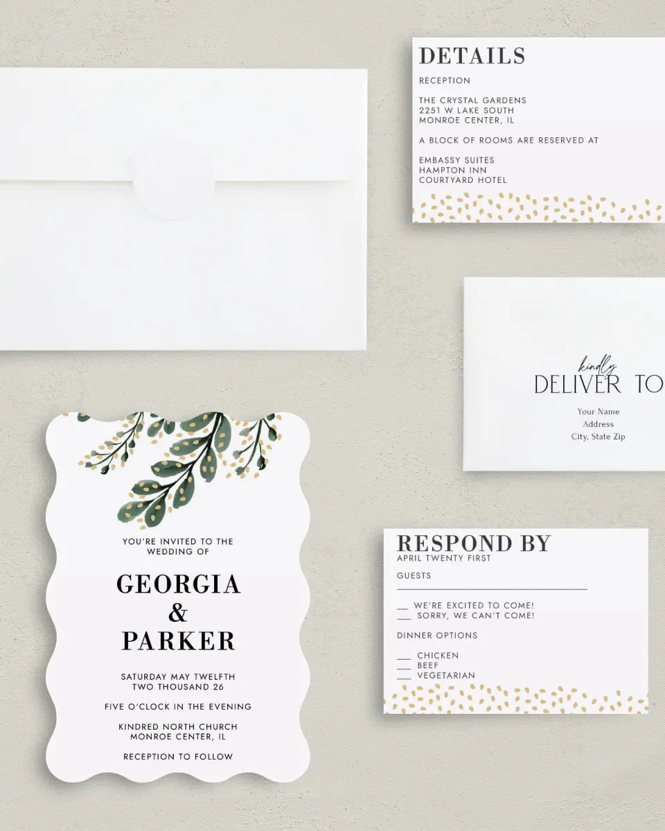 This is a 5" x 7" Wavy Wedding Invitation called Gilded Laurels printed in full color with Silver foil on Luxe Satin (coated) paper