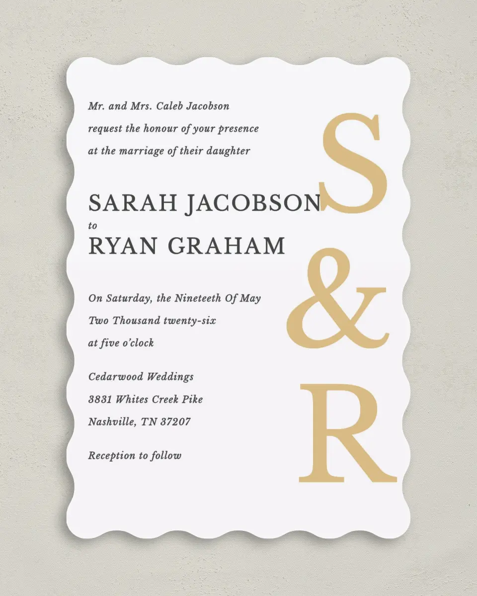 This is a 5" x 7" Wavy Wedding Invitation called Sweet Sophisticate printed in full color on Premium Smooth paper