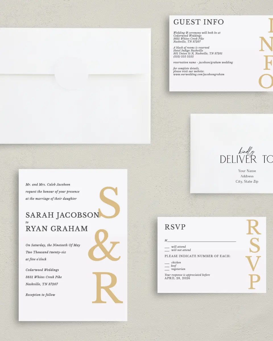 This is a 5" x 7" Classic Wedding Invitation called Sweet Sophisticate printed in full color with Gold foil on Luxe Satin (coated) paper