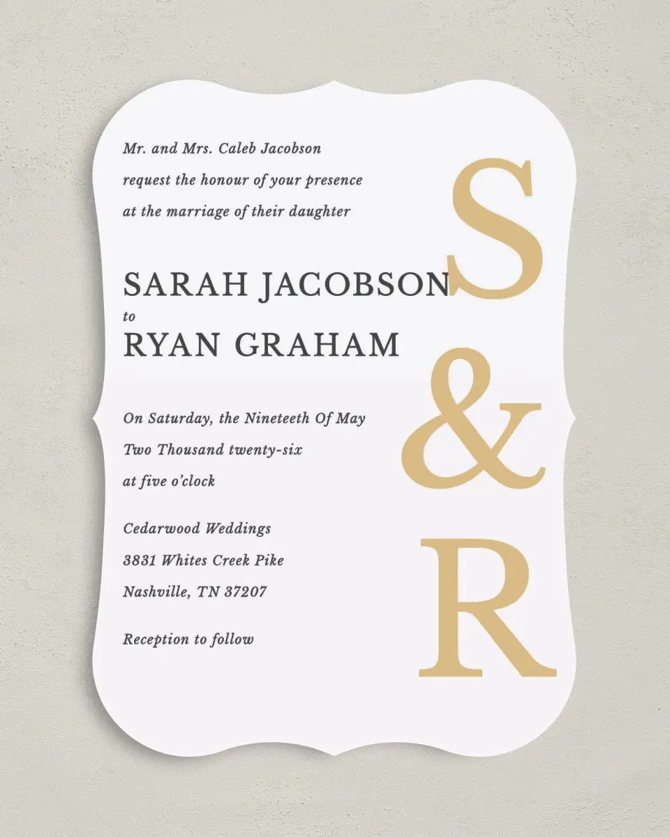 This is a 5" x 7" Bracket Wedding Invitation called Sweet Sophisticate printed in full color with Silver foil on Luxe Satin (coated) paper