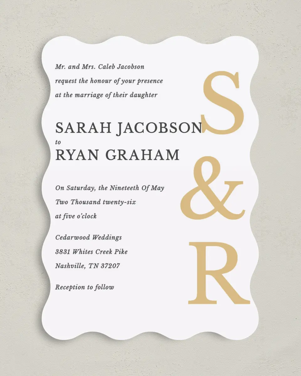This is a 5" x 7" Wavy Wedding Invitation called Sweet Sophisticate printed in full color on Premium Smooth paper