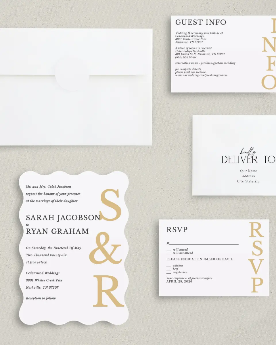 This is a 5" x 7" Wavy Wedding Invitation called Sweet Sophisticate printed in full color with Gold foil on Luxe Satin (coated) paper