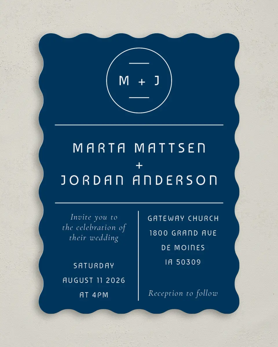 This is a 5" x 7" Wavy Wedding Invitation called Marvelous Monogram printed in full color on Premium Smooth paper