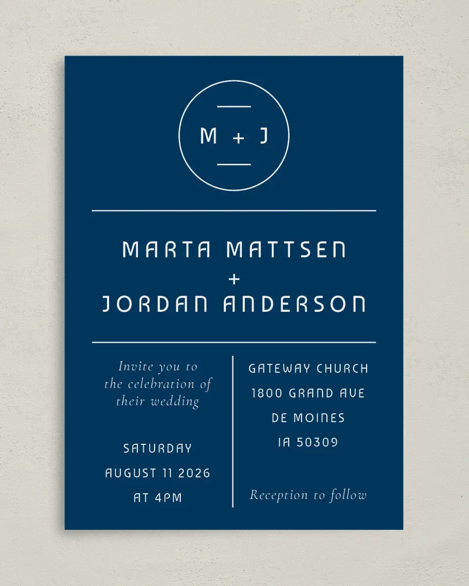 This is a 5" x 7" Classic Wedding Invitation called Marvelous Monogram printed in full color with Gold foil on Luxe Satin (coated) paper