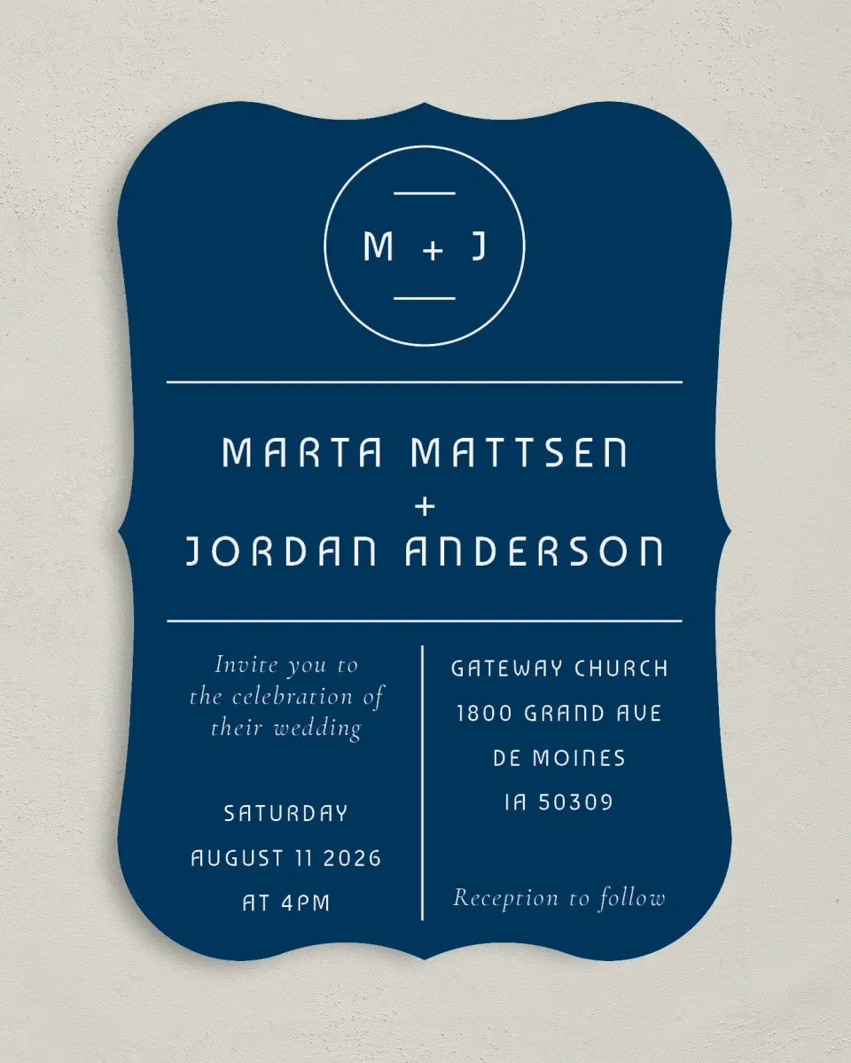 This is a 5" x 7" Bracket Wedding Invitation called Marvelous Monogram printed in full color with Silver foil on Luxe Satin (coated) paper