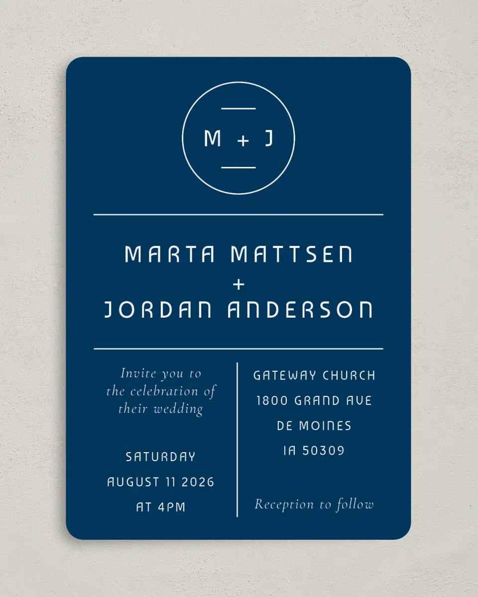 This is a 5" x 7" Rounded Wedding Invitation called Marvelous Monogram printed in full color on Premium Smooth paper