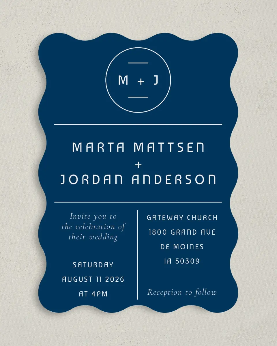 This is a 5" x 7" Wavy Wedding Invitation called Marvelous Monogram printed in full color on Premium Smooth paper